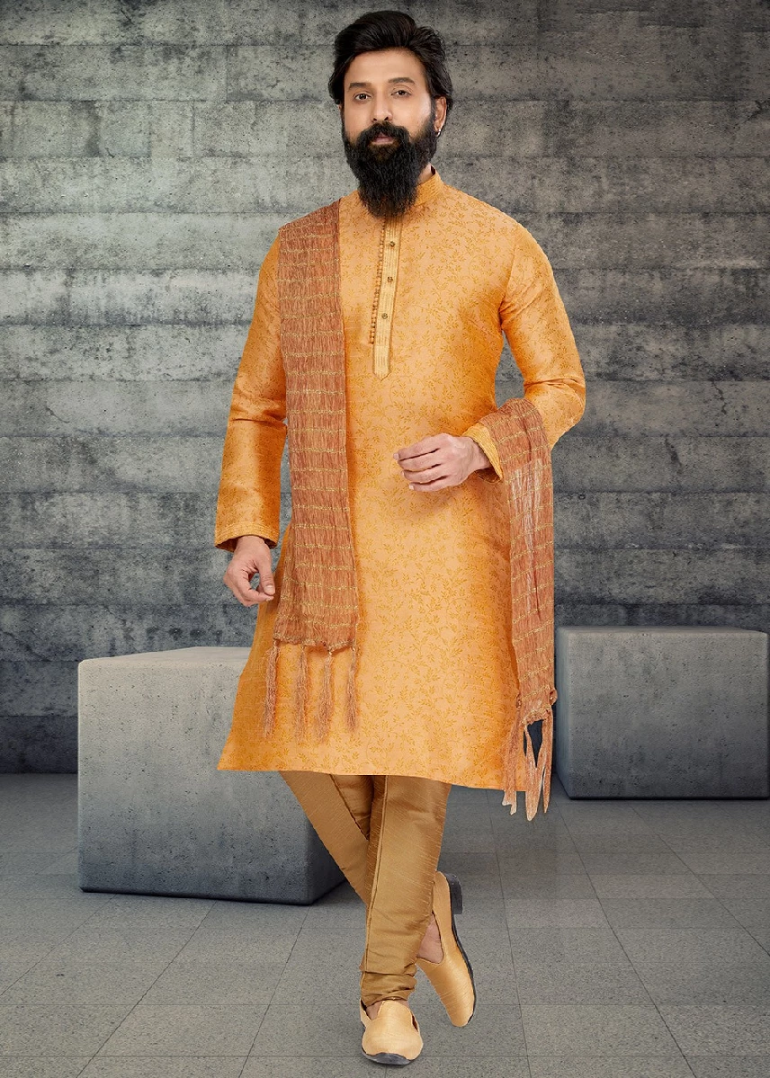 Orange Woven Work Kurta Pajama For Mens, 36-1.webp